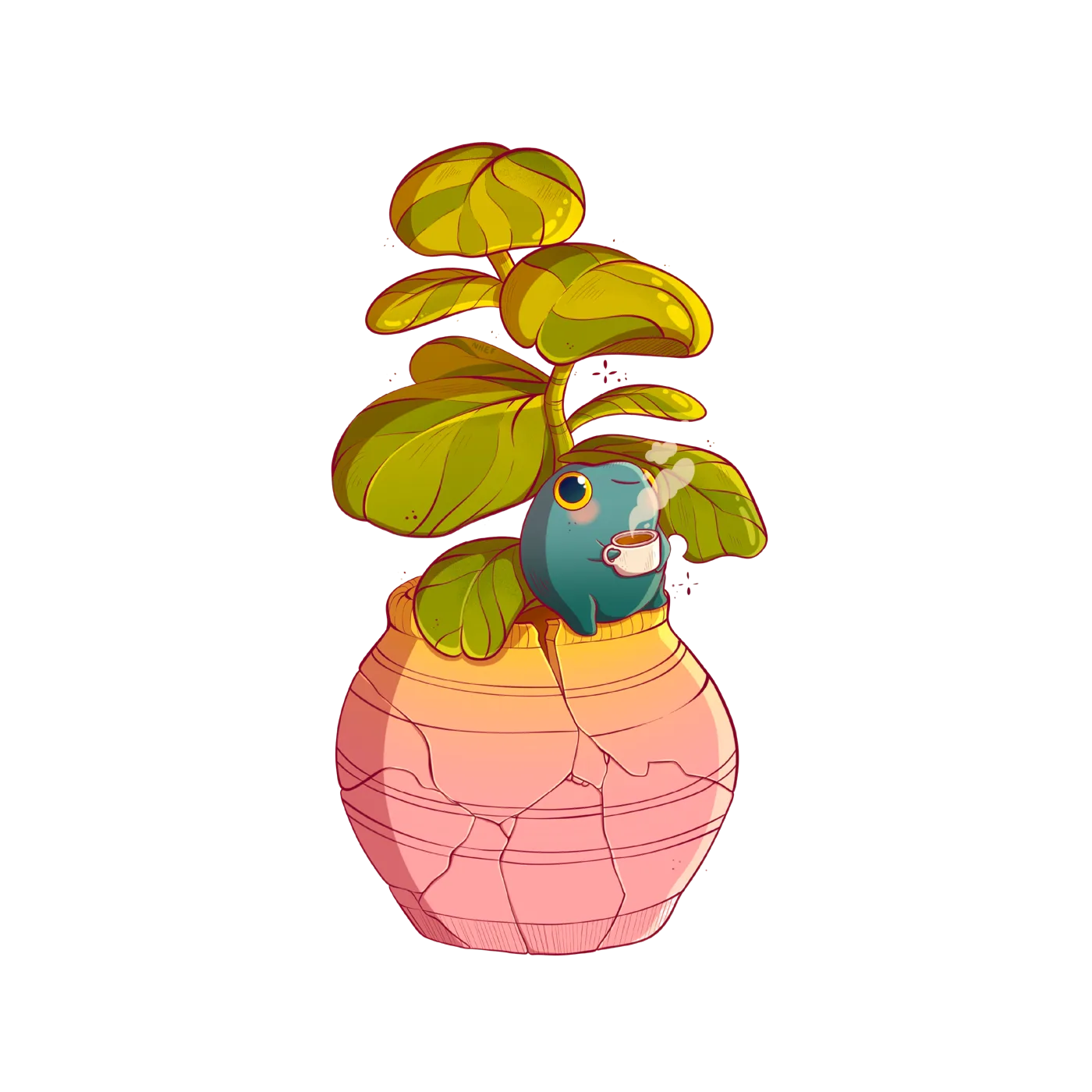 Little plant creature drinking coffee in a cracked pot — illustration by Lizy Del Busto